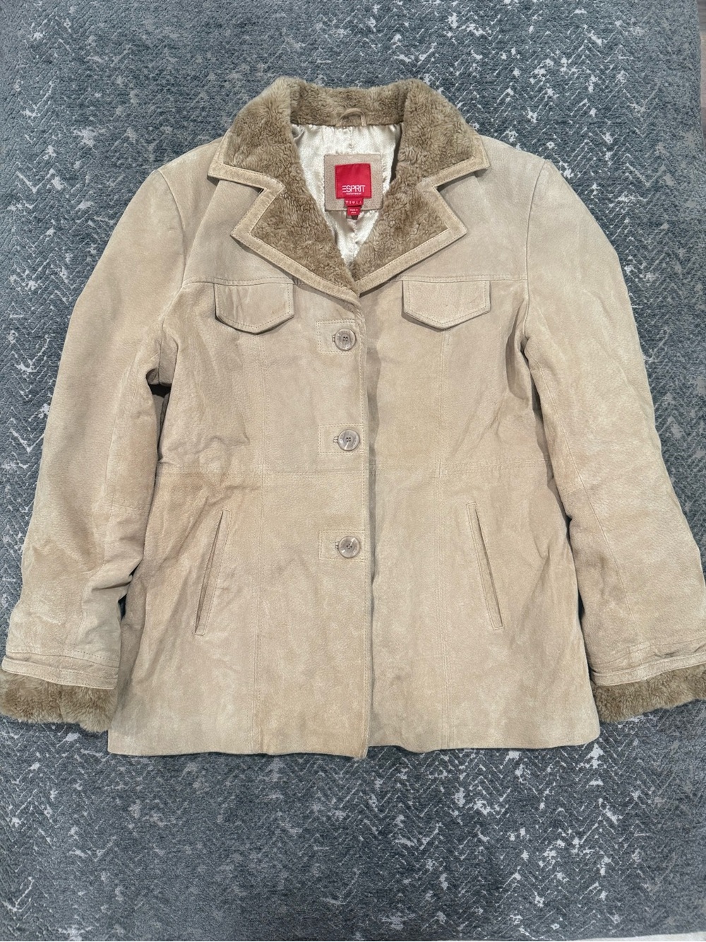 Esprit Y2K Genuine Leather Faux Fur Trim Tan Jacket Coat L
